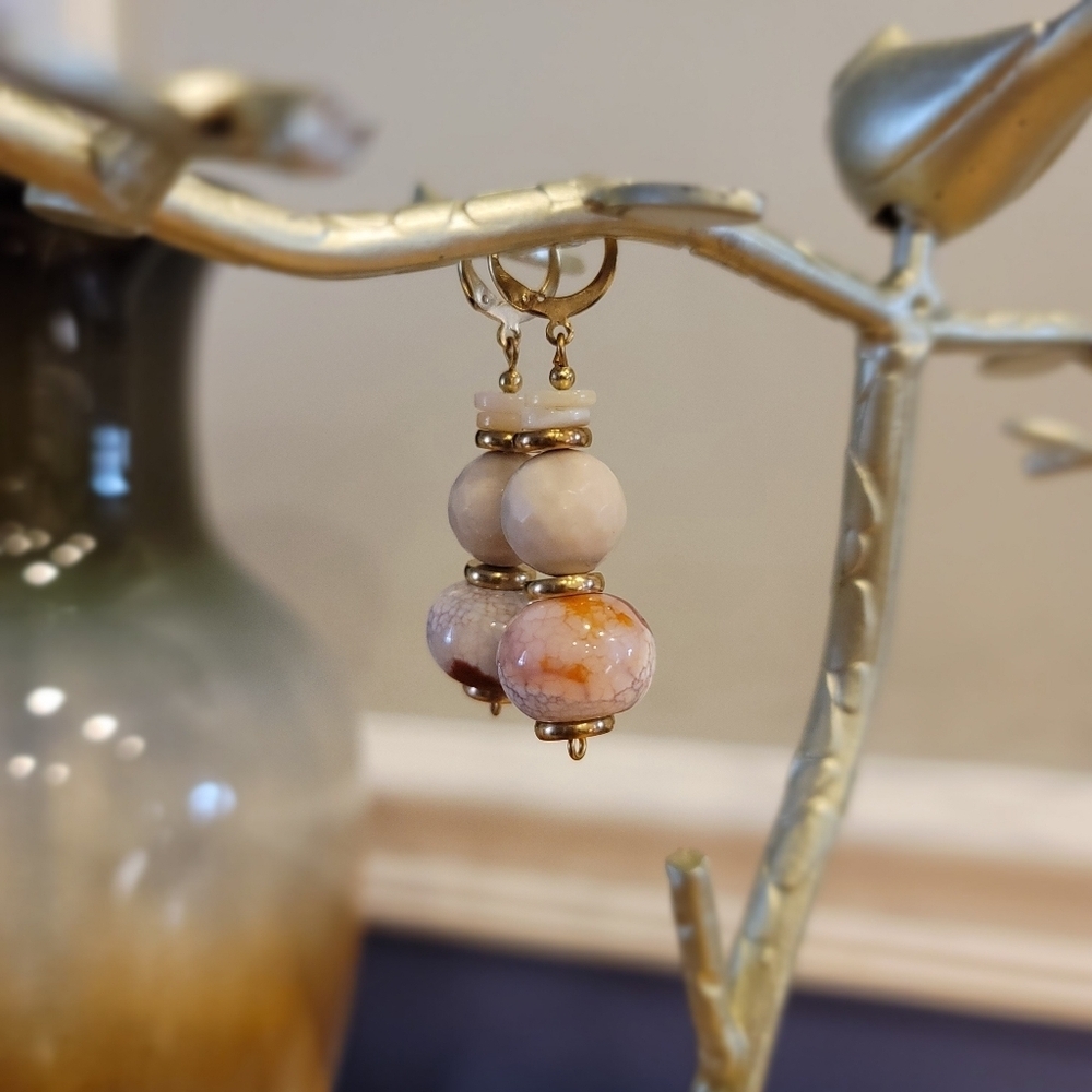 Handcrafted Agate Keshi Shell Coprolite Dangle Earrings